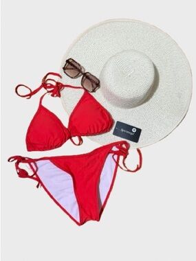 Red Tie-Side Triangle Bikini Set - Unbranded